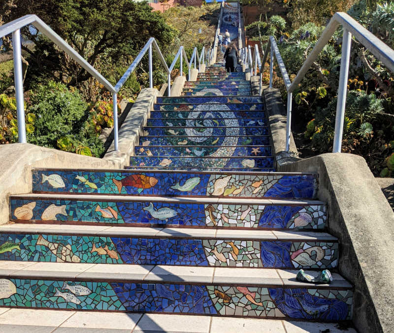 Looking up at the 16th Avenue and Moraga tiled steps