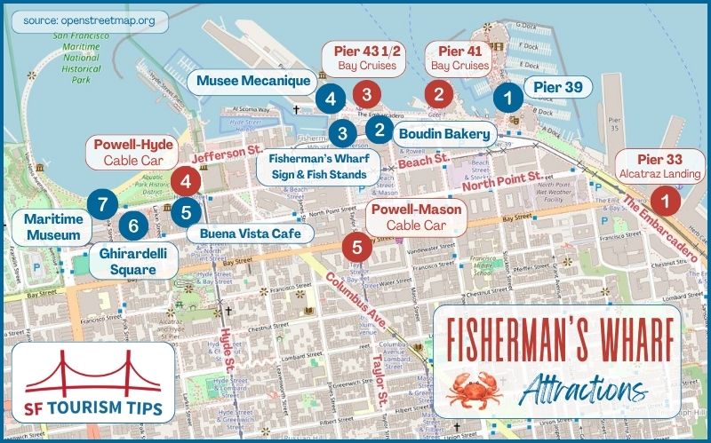 Map of main attractions and major transit options in Fisherman's Wharf SF