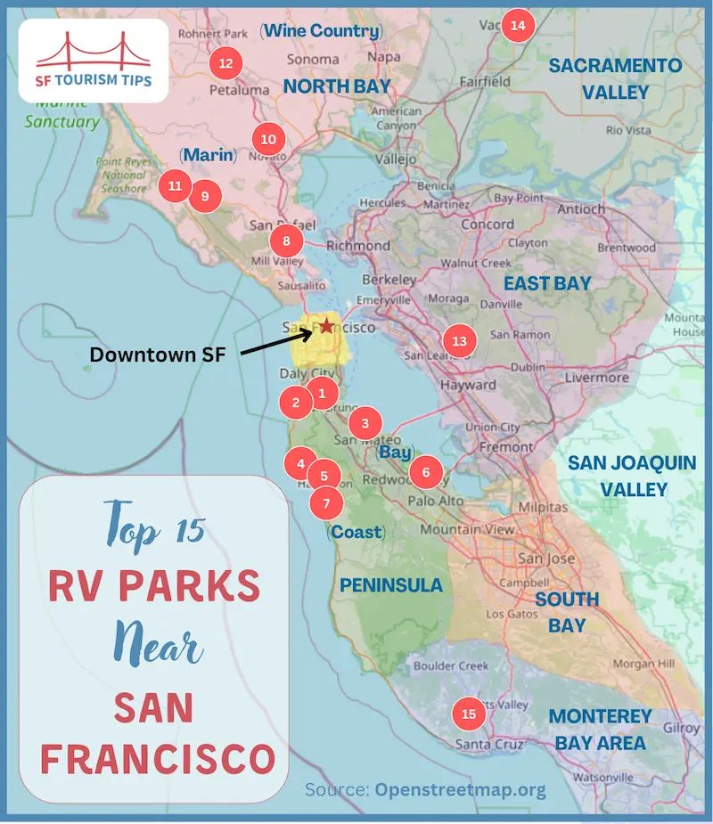 Map of RV parks and campgrounds near San Francisco, in regions around the Bay Area.