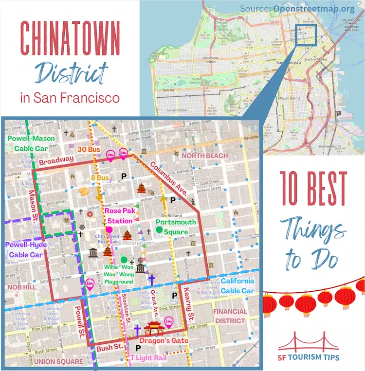 Map of San Francisco Chinatown, including major attractions, transportation, where to stay, surrounding districts, and more.