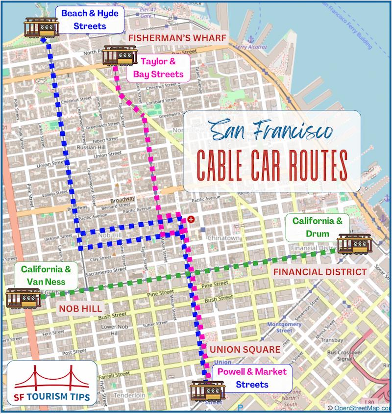 Map of the three cable car routes in SF