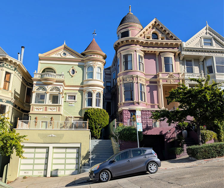 Pink and green house along Alamo Square
