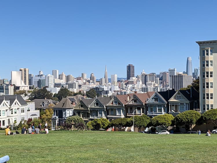 The famous Painted Ladies of Alamo Square with the SF skyline in the background