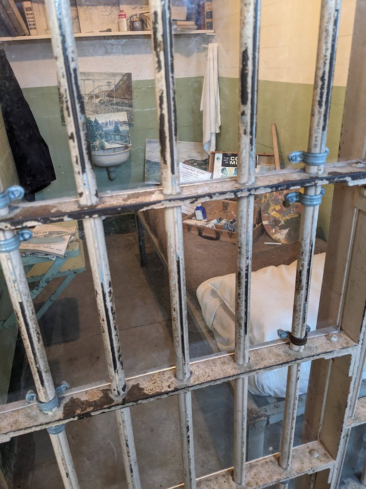 A cell showcasing the art one inmate produced in Alcatraz