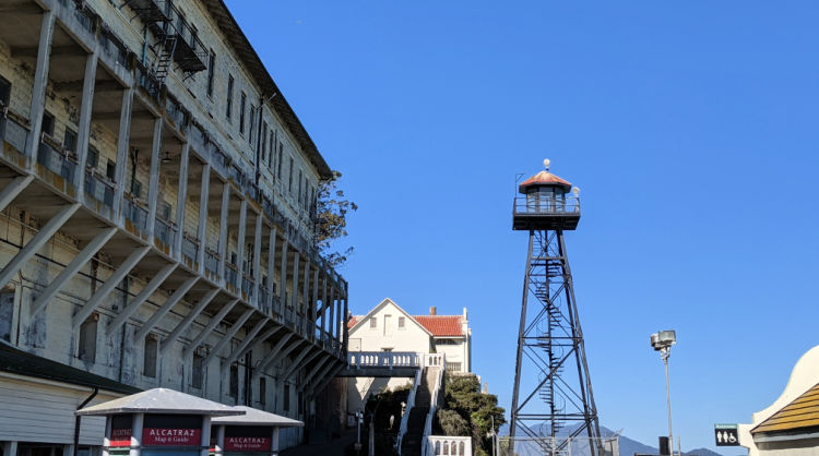 Old water tower and buildings around Alcatraz Island