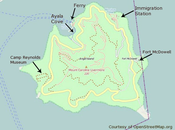 Map of the main attractions on Angel Island in San Francisco