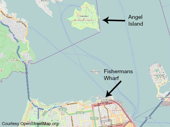 A map showing where Angel Island is in the SF Bay