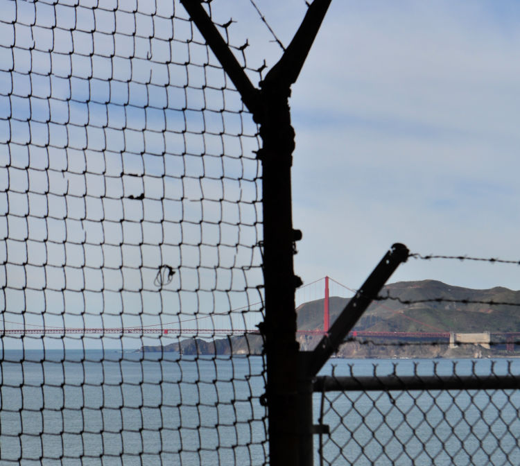 An artistic view of the Golden Gate Bridge from Alcatraz An artistic view of the Golden Gate Bridge from Alcatraz