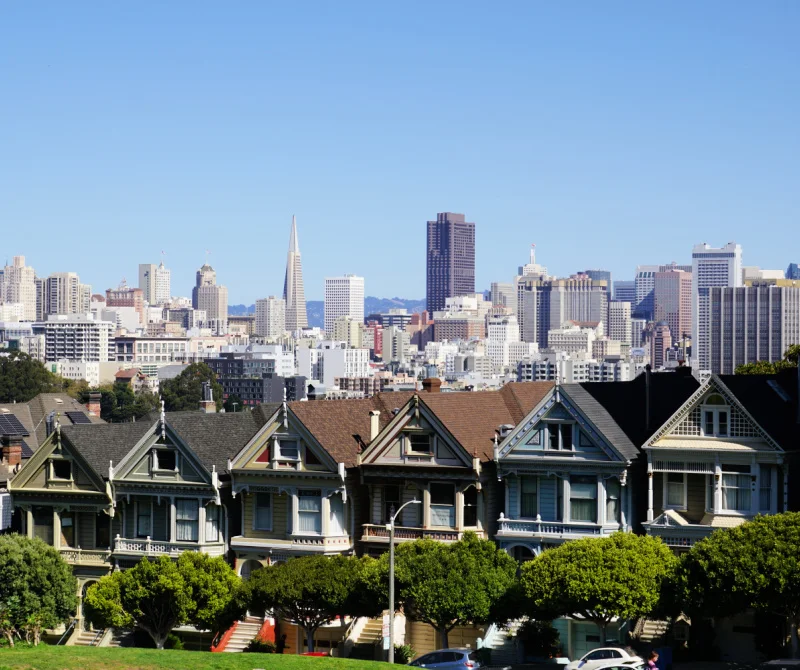 The Alamo Square painted ladies with downtown SF in the background The Alamo Square painted ladies with downtown SF in the background