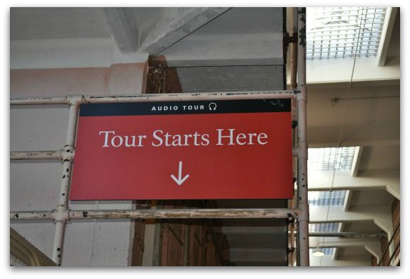 The sign showing where the Alcatraz audio tour starts on the island