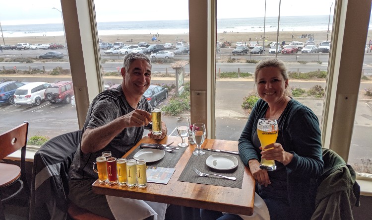 My husband and I enjoying some drinks as we wait for lunch at the Beach Chalet.