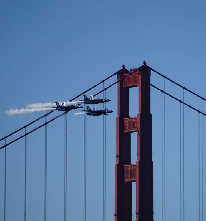 The Blue Angels flying through the Golden Gate Bridge during Fleet Week.