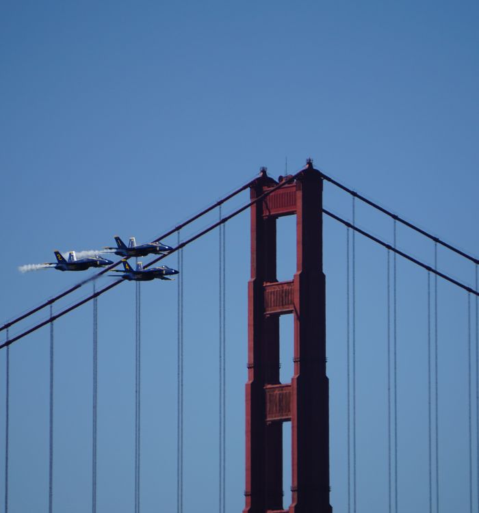 Blue Angels flying over the Golden Gate Bridge