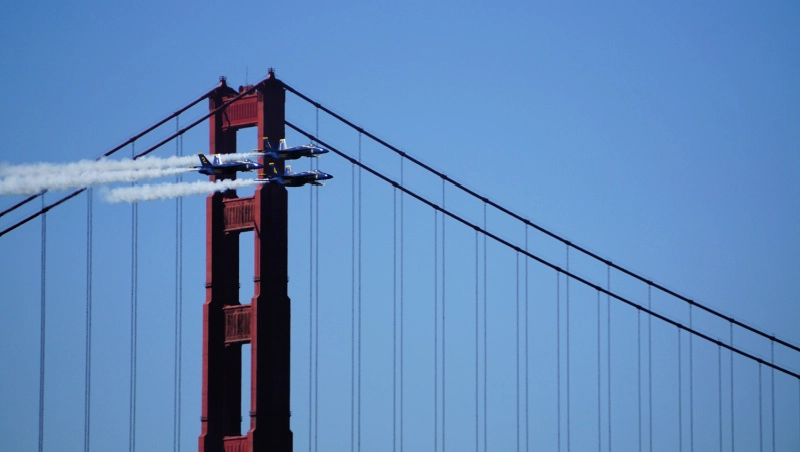 Blue Angels flying near the Golden Gate Bridge during the annual Fleet Week Celebration