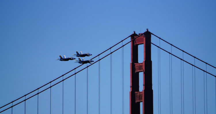 Blue Angels flying over the Golden Gate Bridge