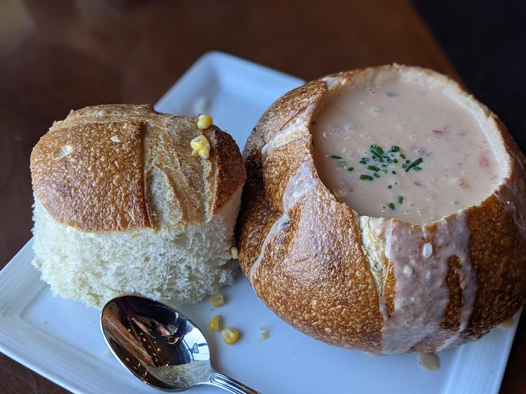 Clam and corn chowder in a sourdough bread bowl from Boudin Bakery Clam and corn chowder in a sourdough bread bowl from Boudin Bakery
