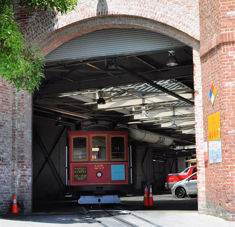 A cable car coming out of the cable car barn in San Francisco along Washington Street. A cable car coming out of the cable car barn in San Francisco along Washington Street.