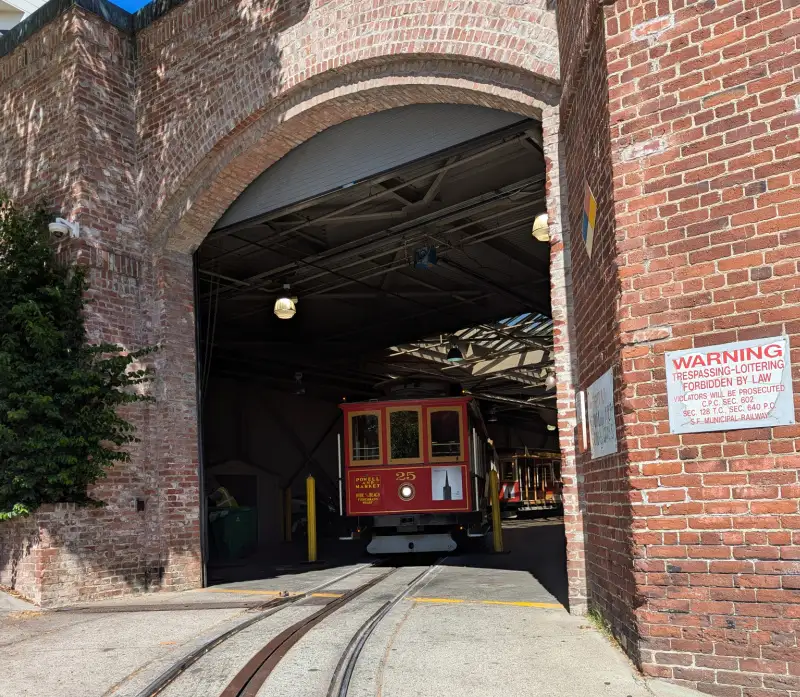 Cable Car in the barn starting its route near the Cable Car Museum in Nob Hill