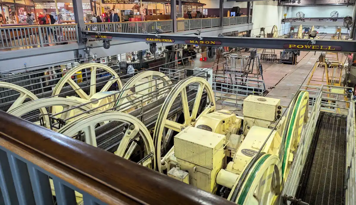 The cable wheels in action at the Cable Car Museum in San Francisco