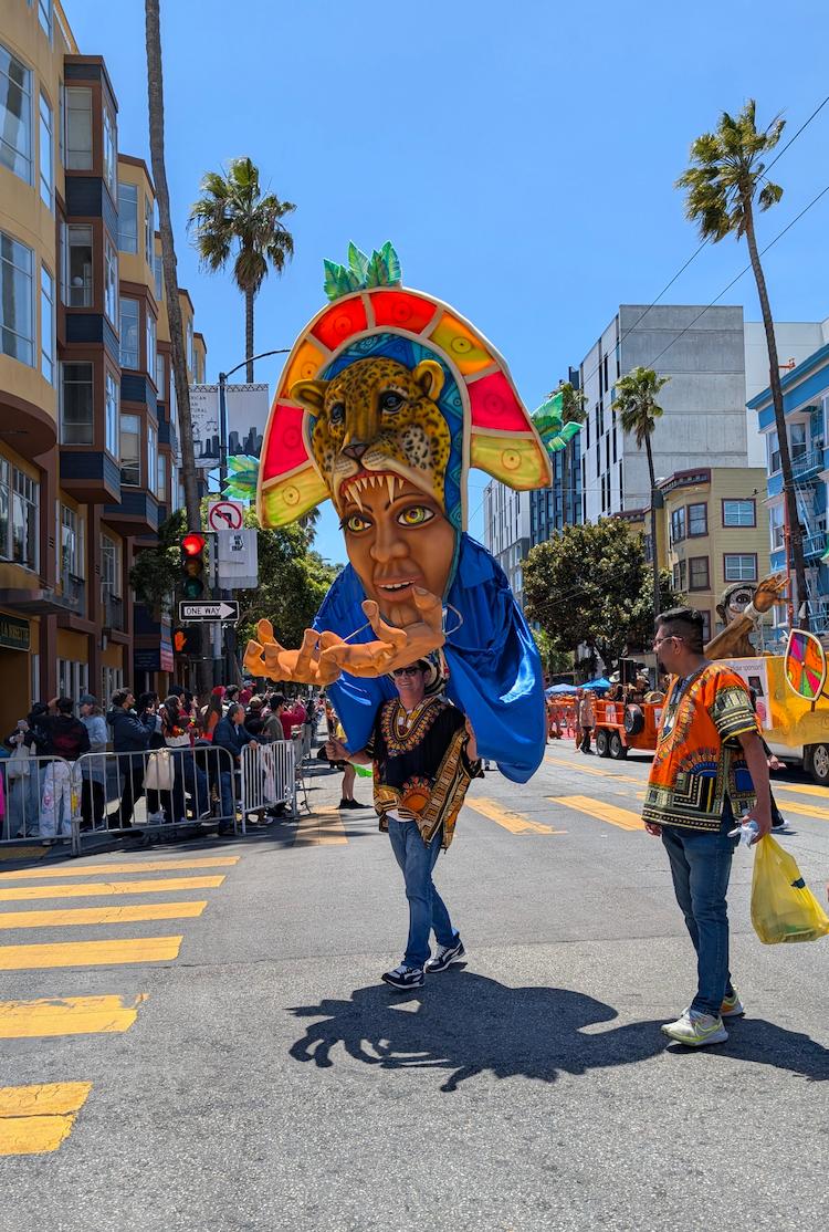 One of the colorful entrants in the lively annual Carnaval parade