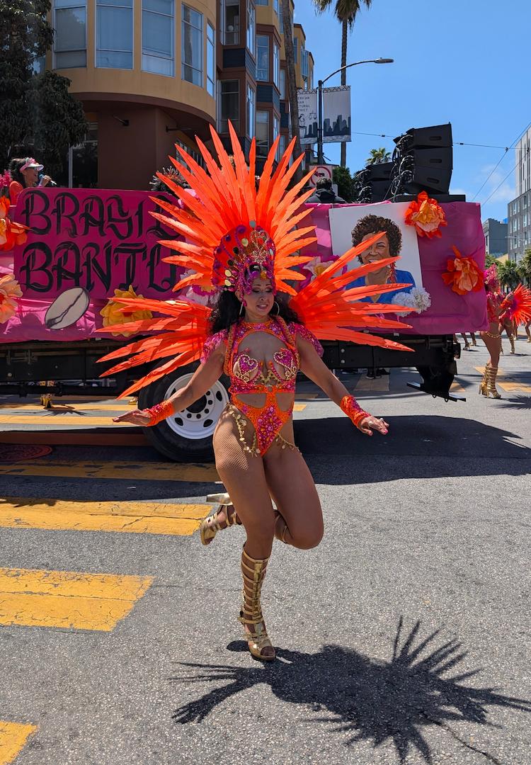 Colorful Brazilian costume at SF's Carnaval parade