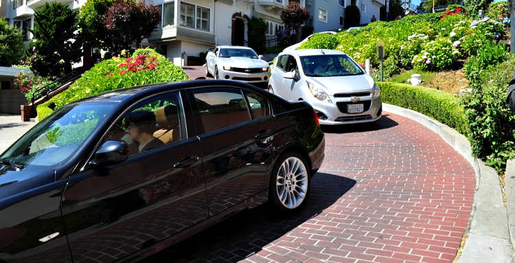 Cruising down Lombard Street during a sunny day in San Francisco