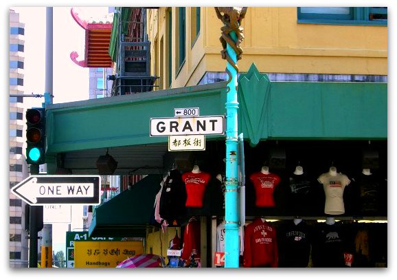 Grant Avenue sign and a few shops in SF's Chinatown