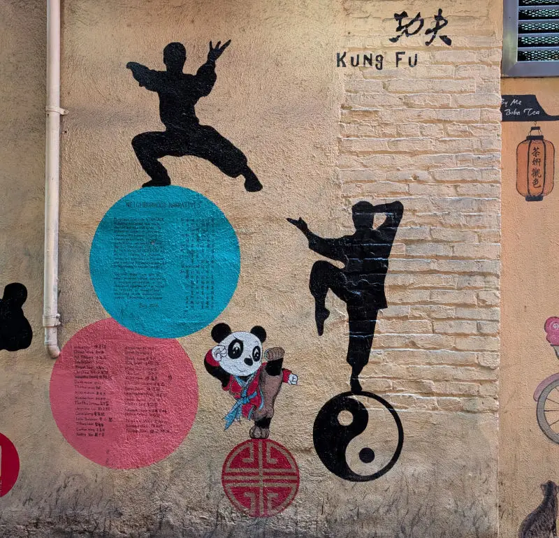 Part of a colorful mural in an alley in Chinatown