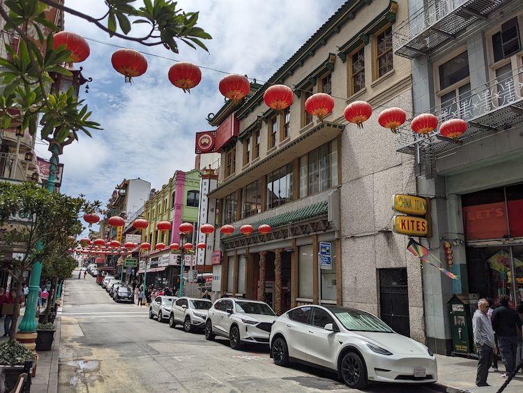 SF Chinatown streets decorated with bright red lanterns