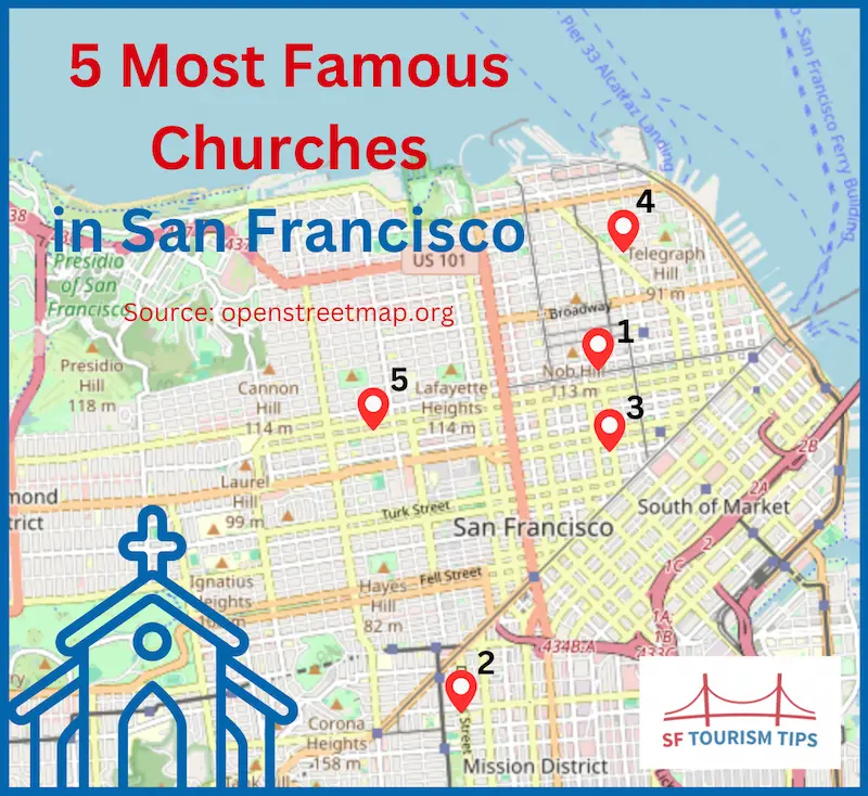Map of famous churches in San Francisco