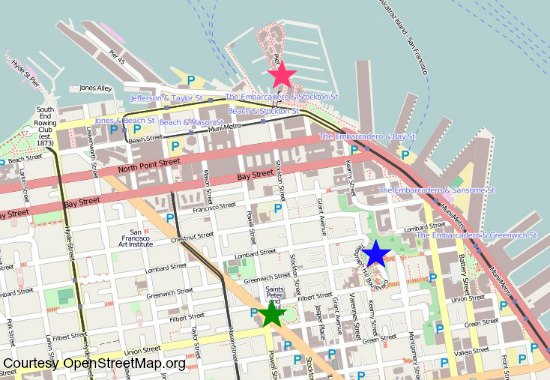 A map showing Coit Tower and its relation to both Fisherman's Wharf and North Beach