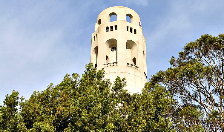 Coit Tower, top of it with trees around