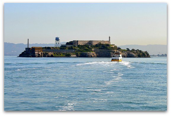 A ferry cruising near Alcatraz Island.