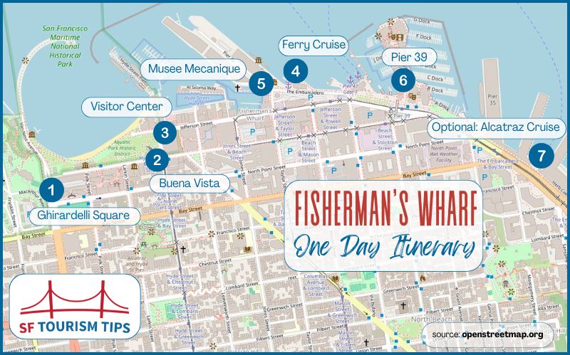 Map on what to do in one day in Fisherman's Wharf Map on what to do in one day in Fisherman's Wharf