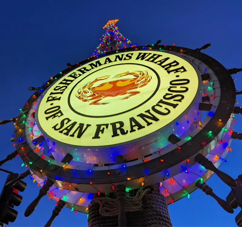 Fisherman's Wharf sign with lights