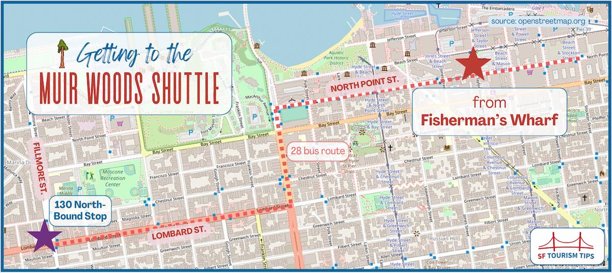 Map showing the best bus stop from Fisherman's Wharf to Sausalito