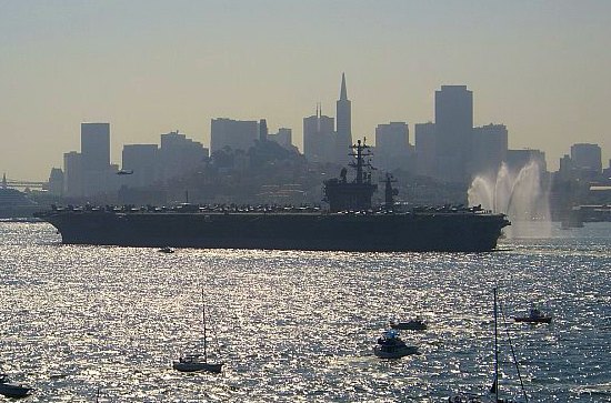 Another shot of the large aircraft carrier ship in the San Francisco Bay for Fleet Week