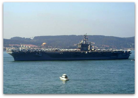 The large aircraft carrier for Fleet Week entering the San Francisco Bay