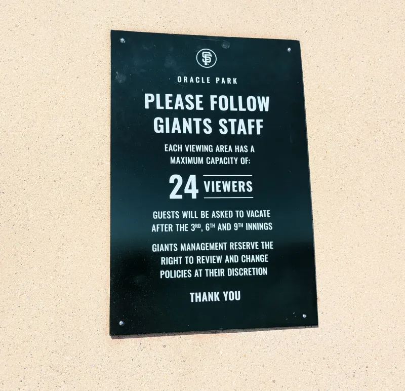 The sign next to the free admission area of Oracle Park. The sign next to the free admission area of Oracle Park.
