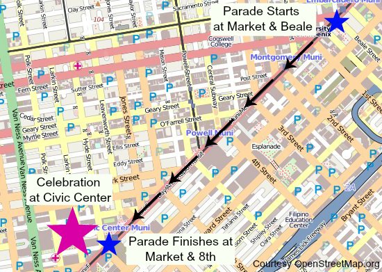 A map showing the Gay Pride Parade Route