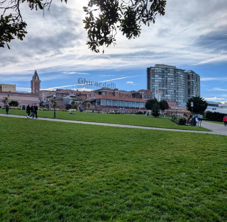 The view of Ghirardelli Square from the park across the street