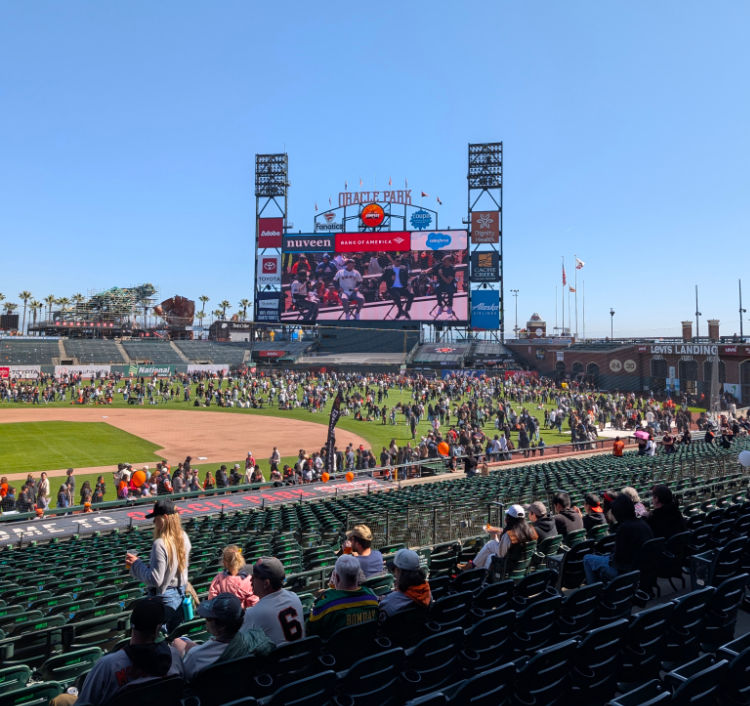 View of fans on the field during Fan Fest in San Francisco