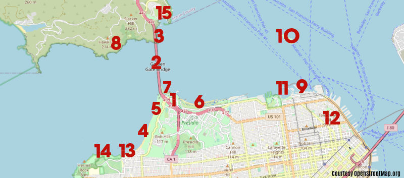 Map for the 15 best places to photograph and view the Golden Gate Bridge in San Francisco.