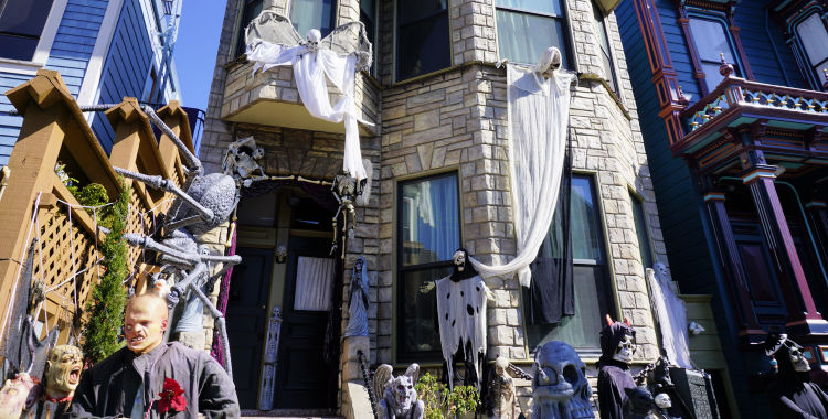 Victorian dressed up in Halloween decorations in San Francisco.
