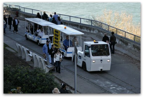The shuttle that takes people up the hill on Alcatraz Island