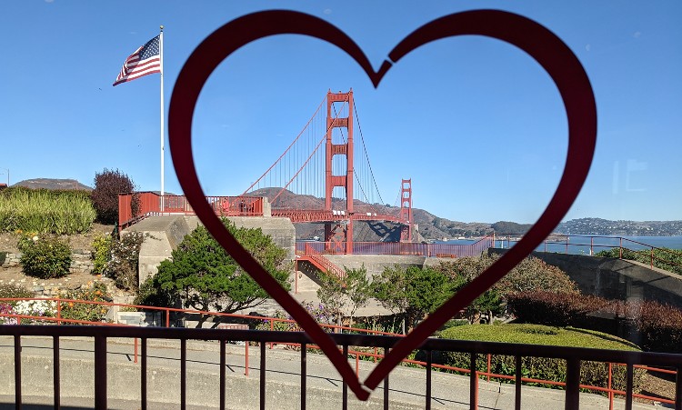 Heart around the Golden Gate Bridge from inside Equator Coffee near the Welcome Center.