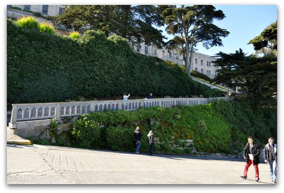 The steep hill leading up to the main cellhouse on Alcatraz Island