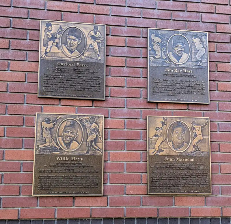 Some of the plaques honoring successful Giants players on Oracle Park Some of the plaques honoring successful Giants players on Oracle Park
