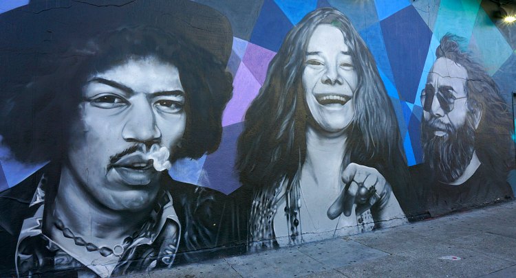 Mural with some 1960s icons: Janis Joplin, Jerry Garcia, and Jimi Hendrix