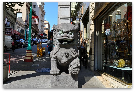 One of the lions at the gate in SF's Chinatown